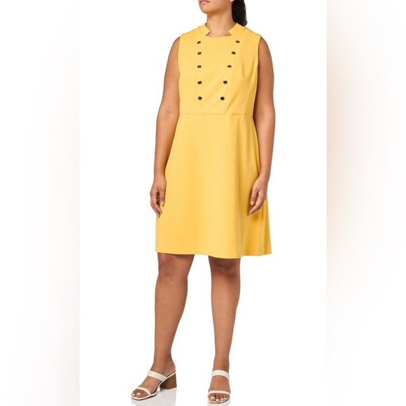 Tommy Hilfiger Yellow Mock Neck Sleeveless Dress Gold Buttons Modern 20W NWT - Picture 1 of 15